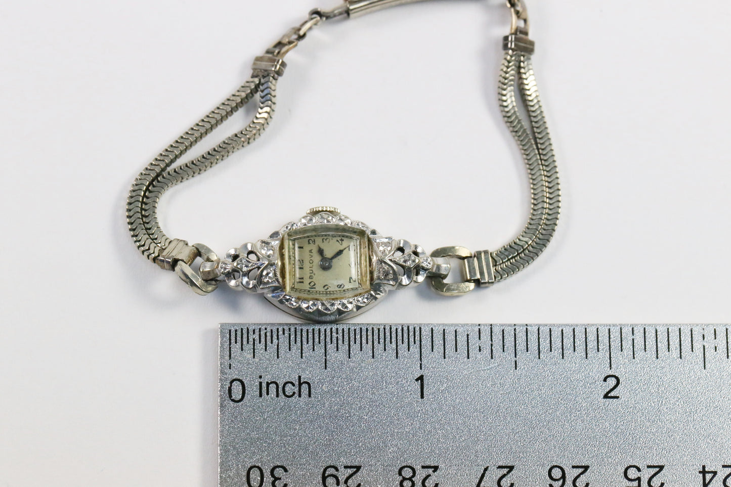 Vintage Bulova 14k White Gold Ladies Diamond Watch, 6.5 inches - 12.4g