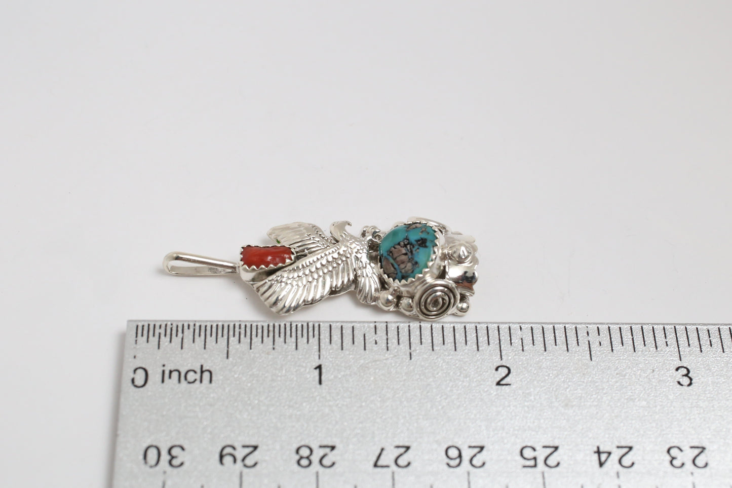 M. TSOSIE Sterling Silver Turquoise & Coral Eagle Pendant, 7.0g