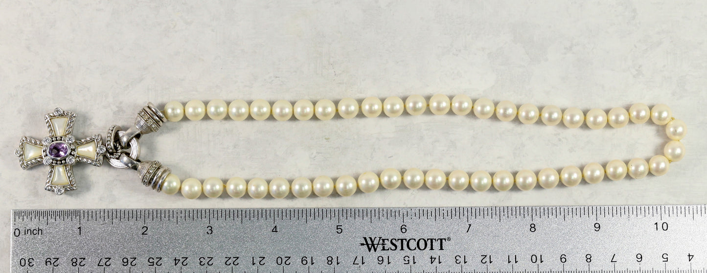 Judith Ripka Sterling Silver Maltese Cross Necklace, 18 inches - 77.1g