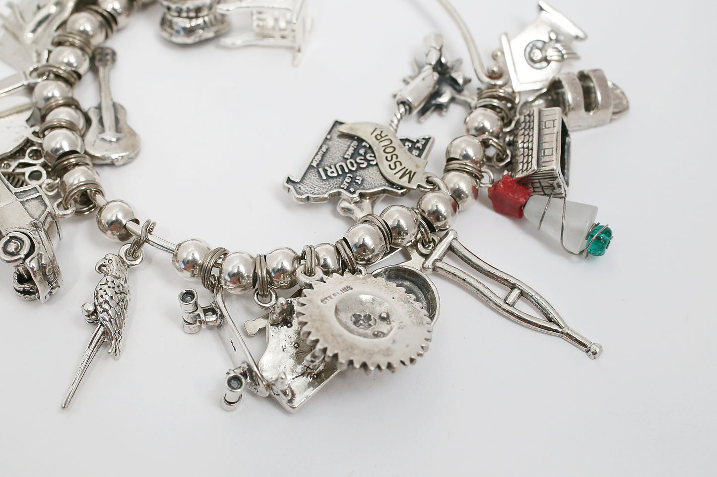 Sterling Silver Beaded Charm Bangle, 70.6g