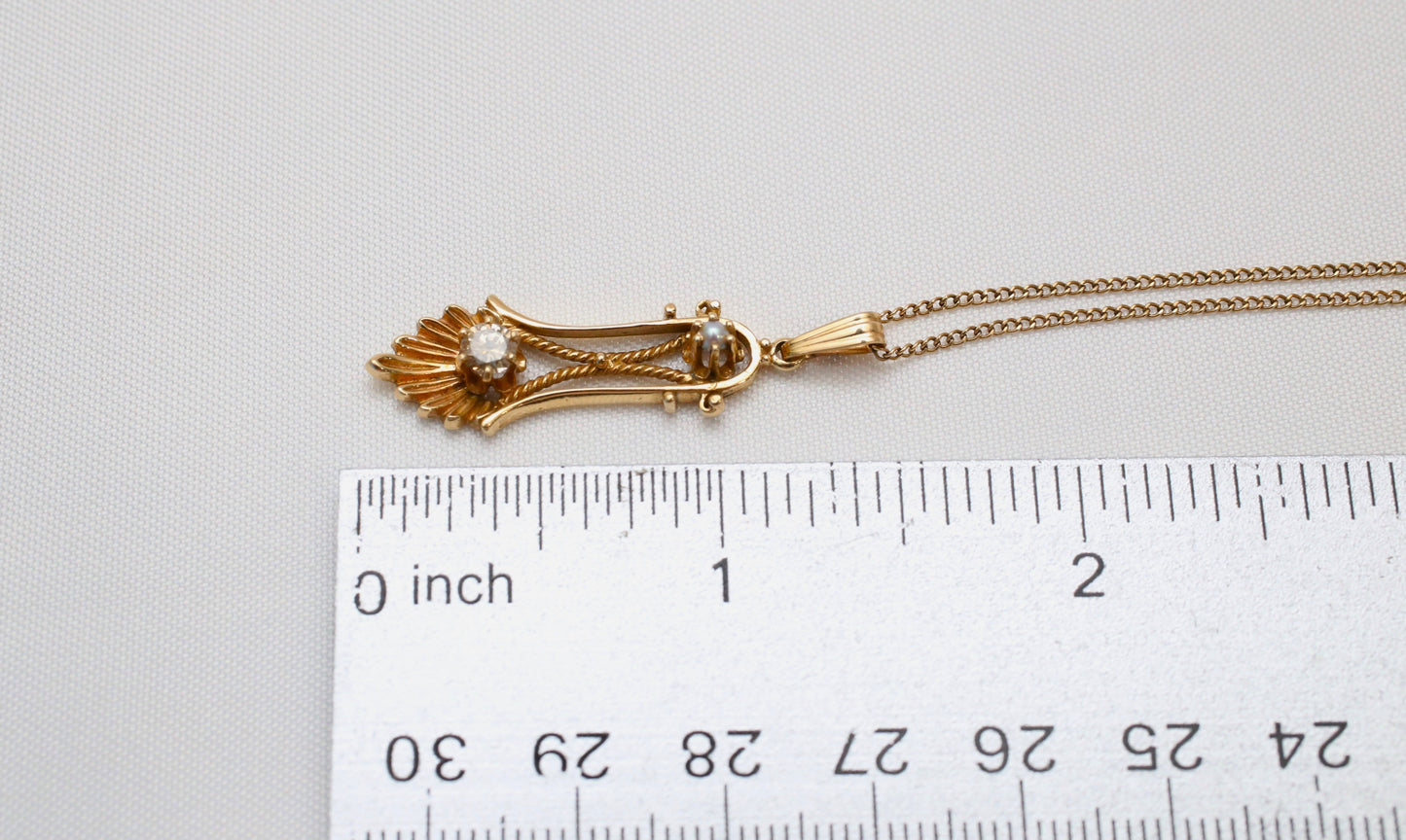 14k Yellow Gold Art Deco Diamond & Pearl Pendant Necklace, 18 inches - 3.9g