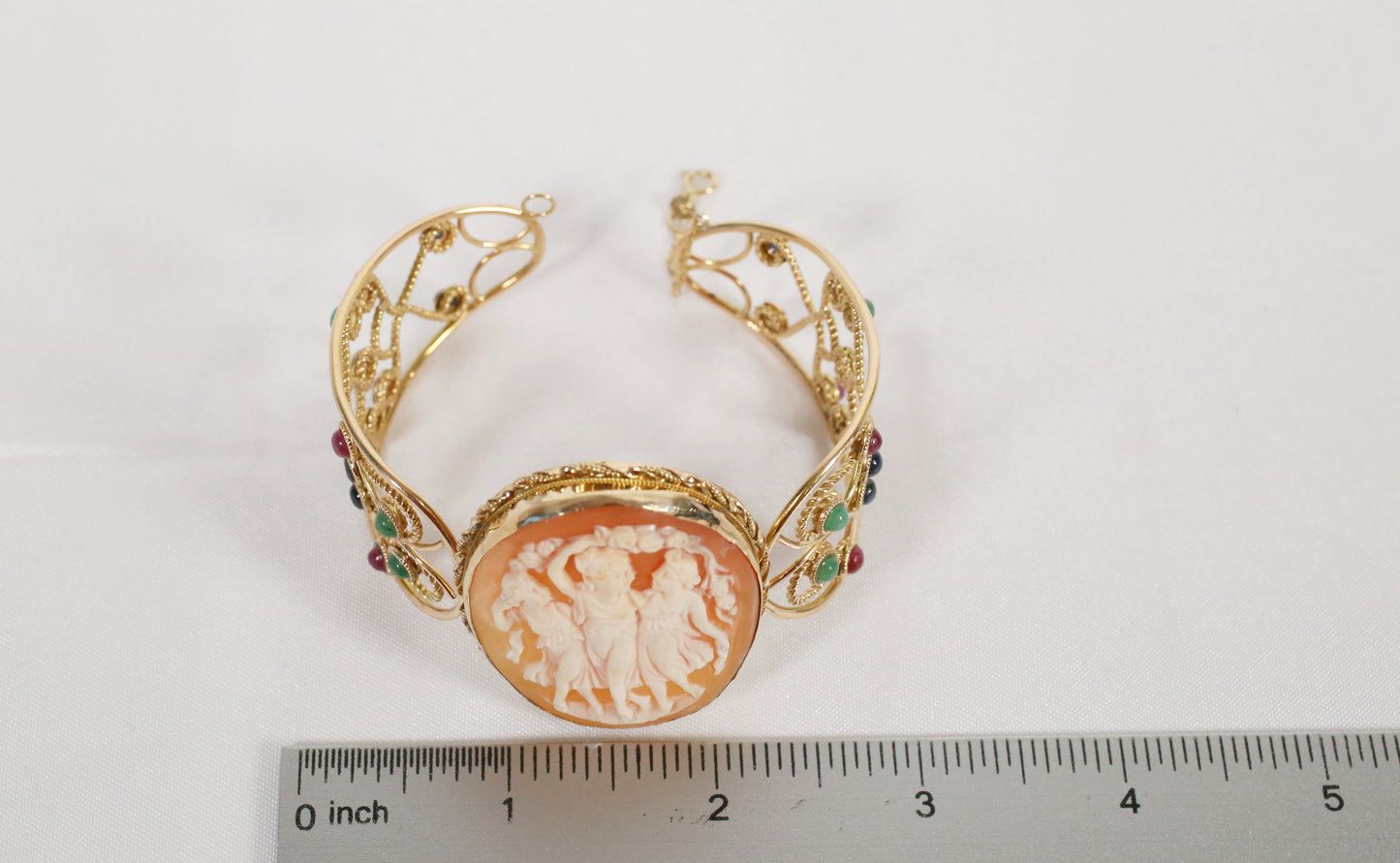 Vintage 14k Yellow Gold Sapphire, Ruby, Emerald & Pearl Cameo Cuff, 8 inches (adjustable) - 36.1g