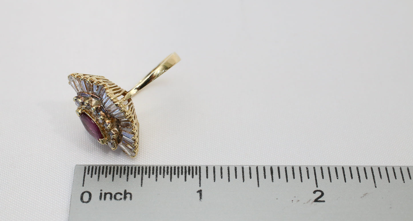Vintage 14k Yellow Gold Ruby & Diamond Cocktail Ring, Size 6.5 - 6.6g