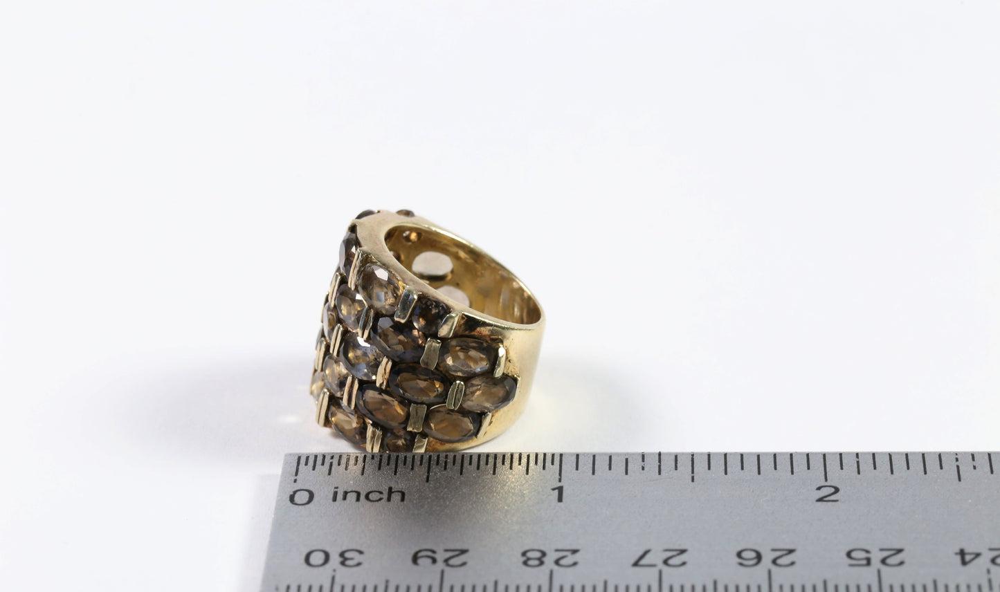 Gold Toned Sterling Silver Smoky Quartz Wide Ring, Size 6.5 - 13.9g