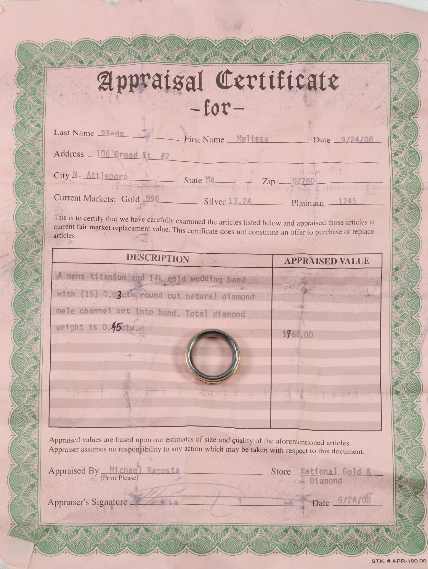 Titanium & 14k Gold Diamond Wedding Band, Size 8 - 11.0g