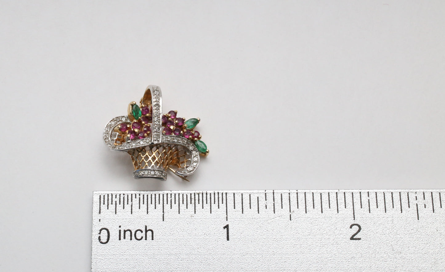 Vintage 14k Yellow Gold Gemstone Flower Basket Brooch - 3.4g