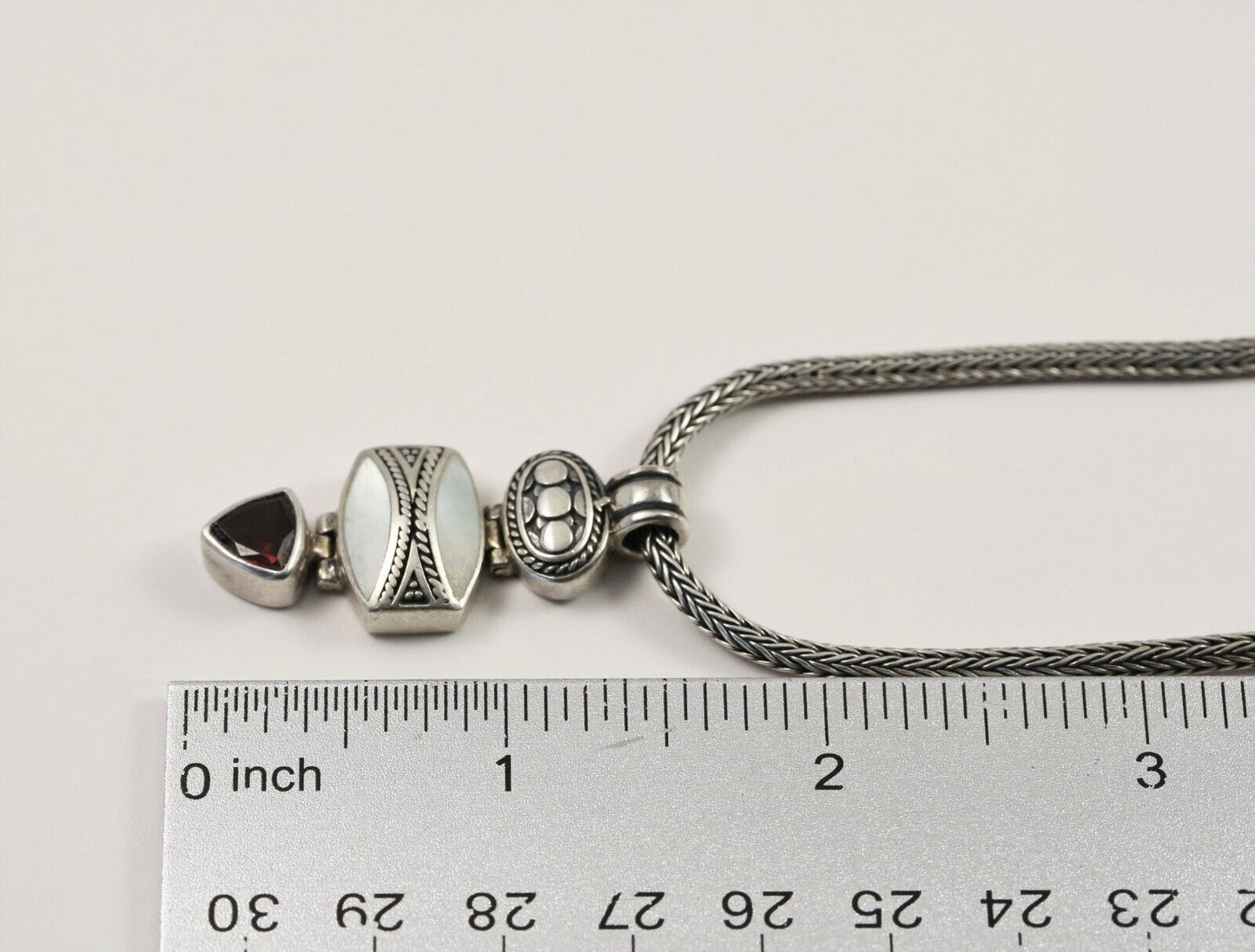 Vintage Sterling Silver Mother of Pearl & Garnet Pendant Necklace, 16 inches - 24.1g