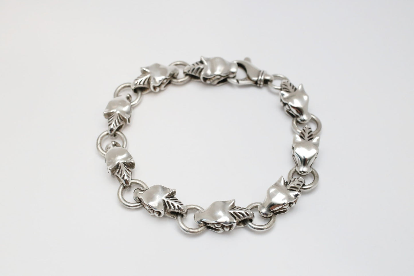 Sterling Silver Linked Feline Head Bracelet, 9.5 inches - 83.8g