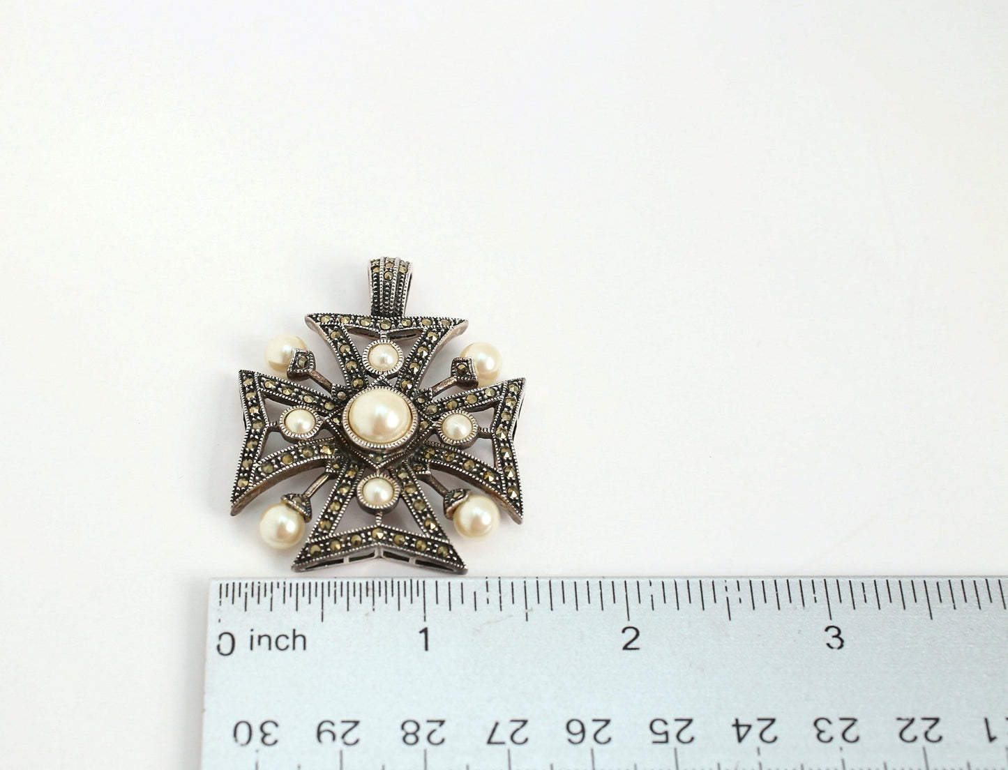 Judith Jack Sterling Silver Marcasite & Faux Pearl Cross Pendant, 16.1g