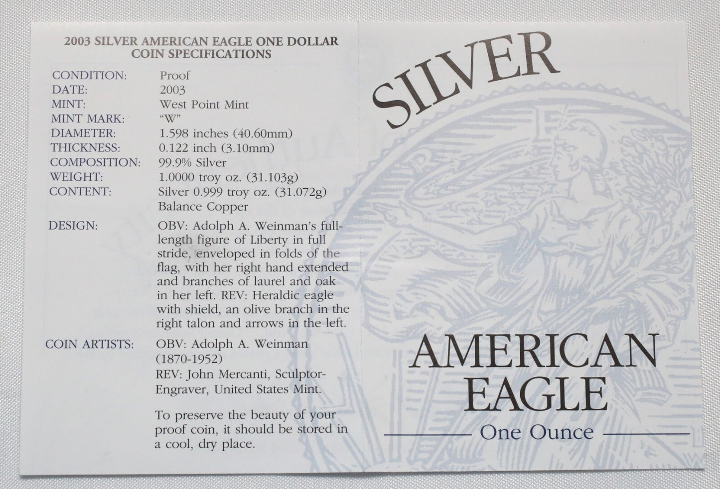 2003 W American Eagle 1oz Silver Proof Coin w/ Case, Box & COA