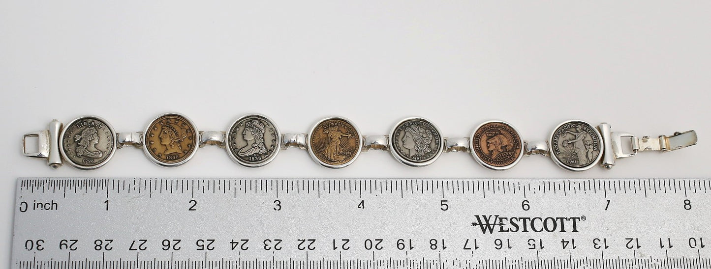 Vintage Sterling Silver Liberty Coins Linked Bracelet, 7.5 inches - 30.3g