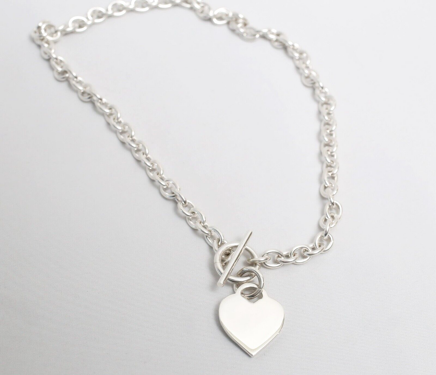 Sterling Silver Round Link Toggle Choker with Blank Heart Tag, 16 inches - 43.5g