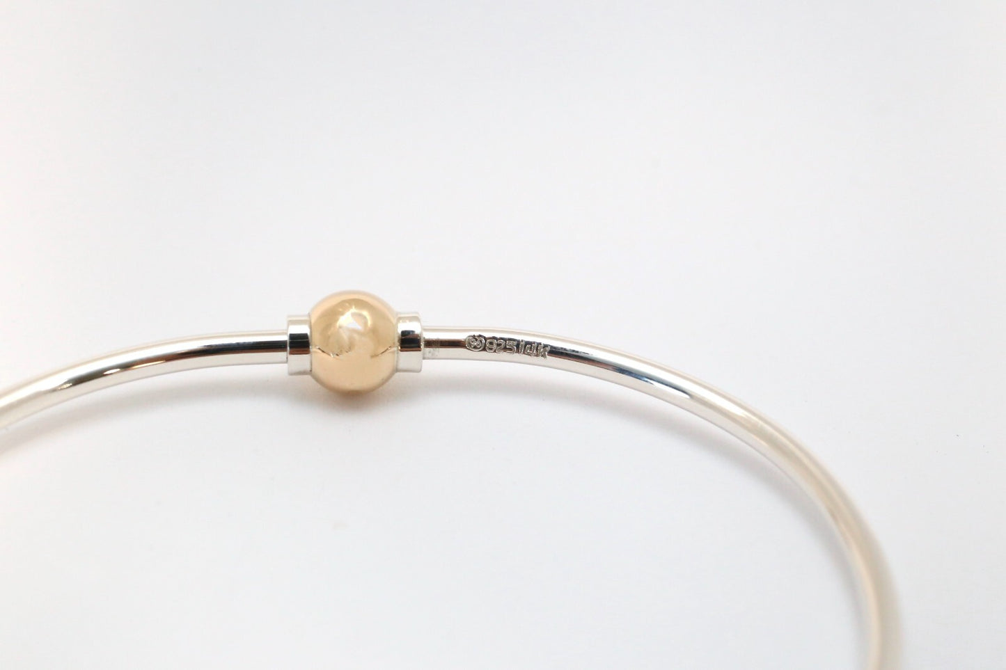Sterling Silver & 14k Yellow Gold Ball Clasp Bangle Bracelet, 6.75 inches - 11.5g