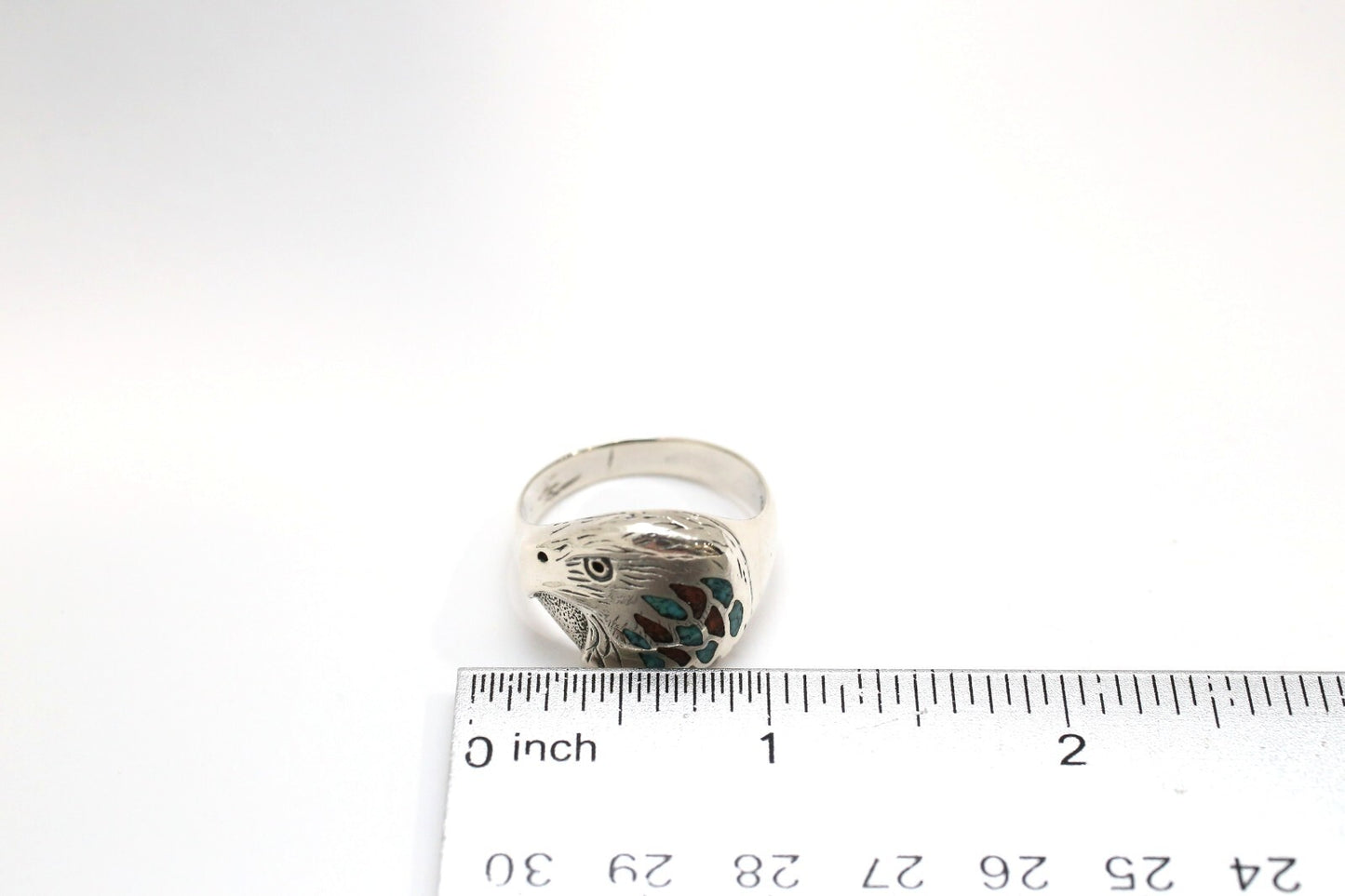 Sterling Silver Eagle Ring w/ Turquoise & Coral, Size 12.75 - 8.8g