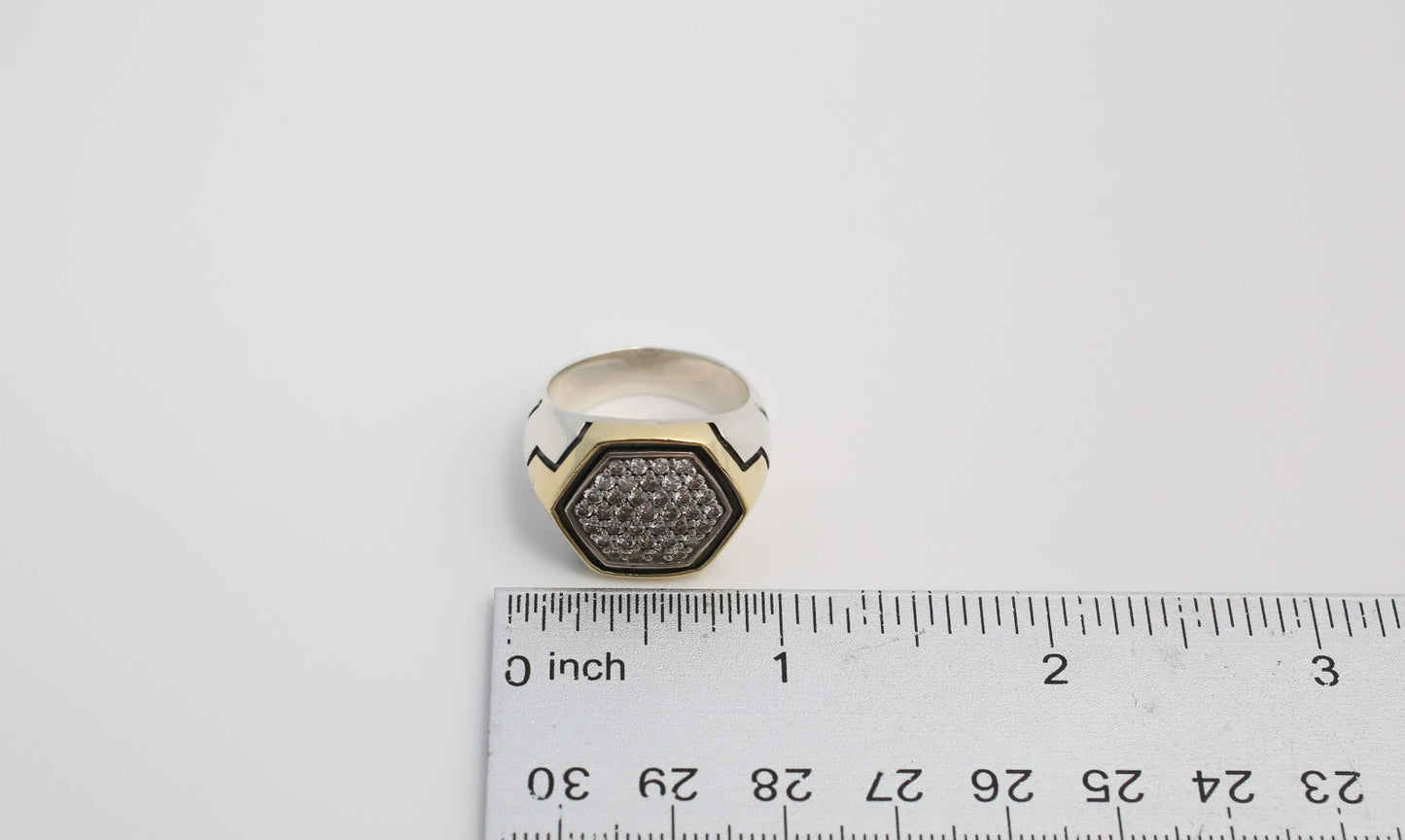 David Yurman Hex Collection Sterling Silver & 18k Yellow Gold Diamond Ring, Size 8 - 18.8g