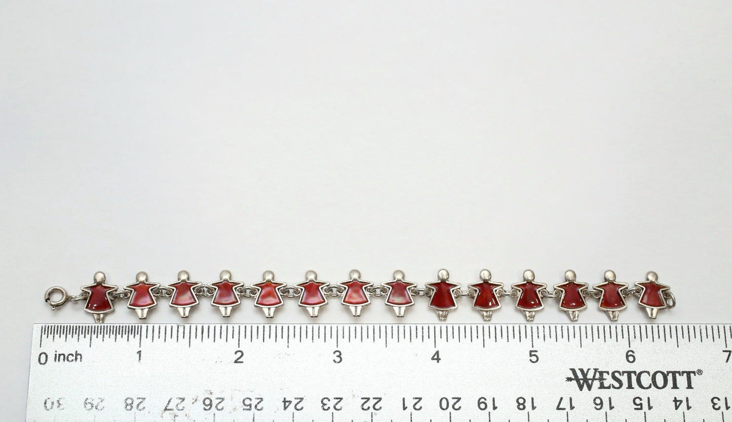 Sterling Silver Red Enamel Girl Link Bracelet, 6.5 inches - 11.0g