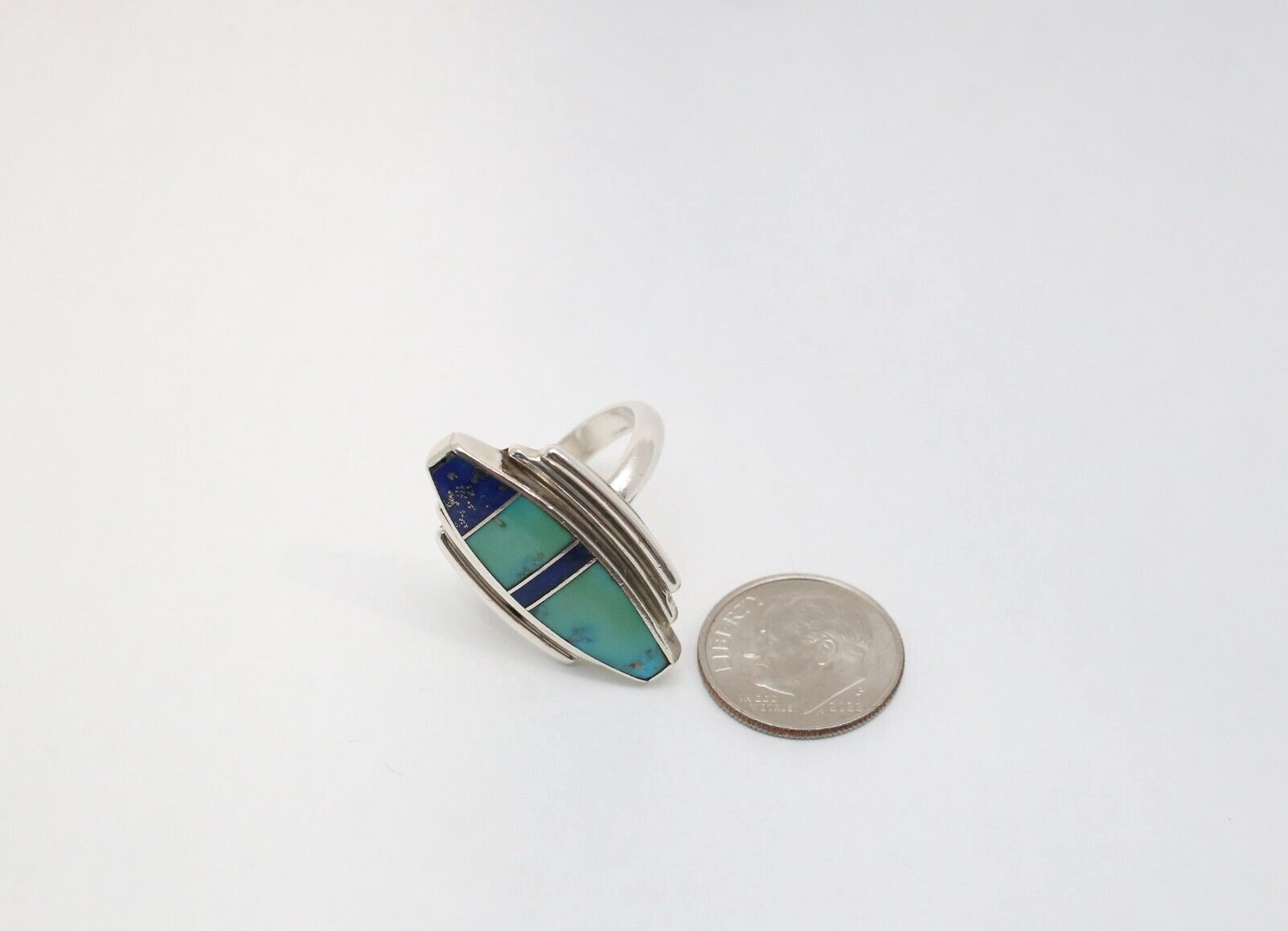 Vintage DD Sterling Silver Inlaid Ring, Size 7 - 7.1g