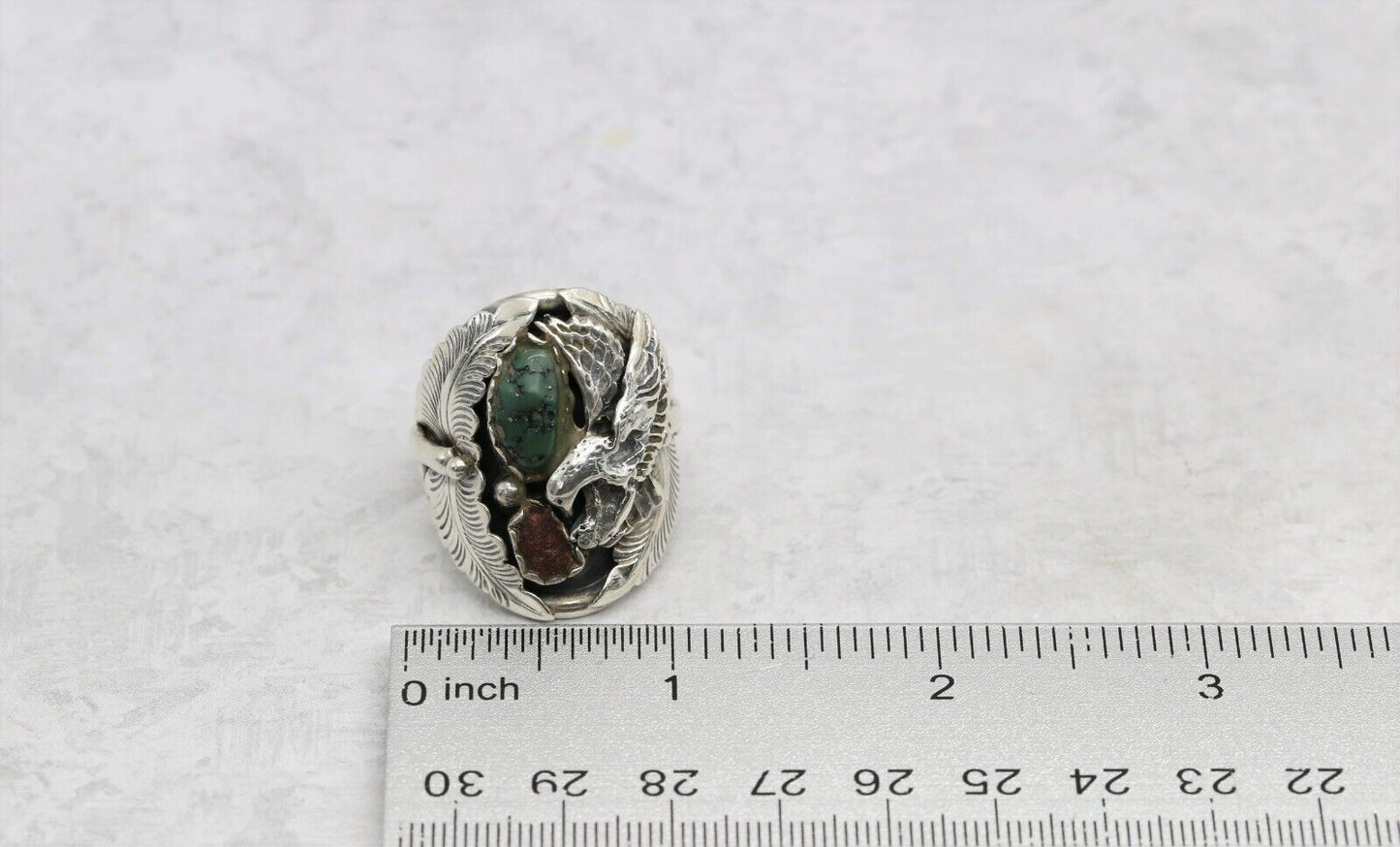Sterling Silver Eagle & Feather Turquoise Ring, Size 12.75 - 17.5g