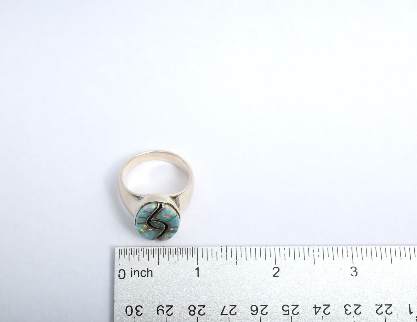 Native American Zuni Sterling Silver Twirl Opal Ring, Size 12 - 15.5g