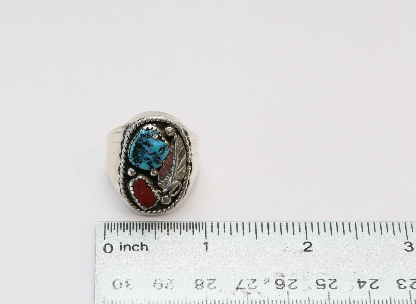 Sterling Silver EE Navajo Turquoise & Coral Feather Ring, Size 9.5 - 24.0g