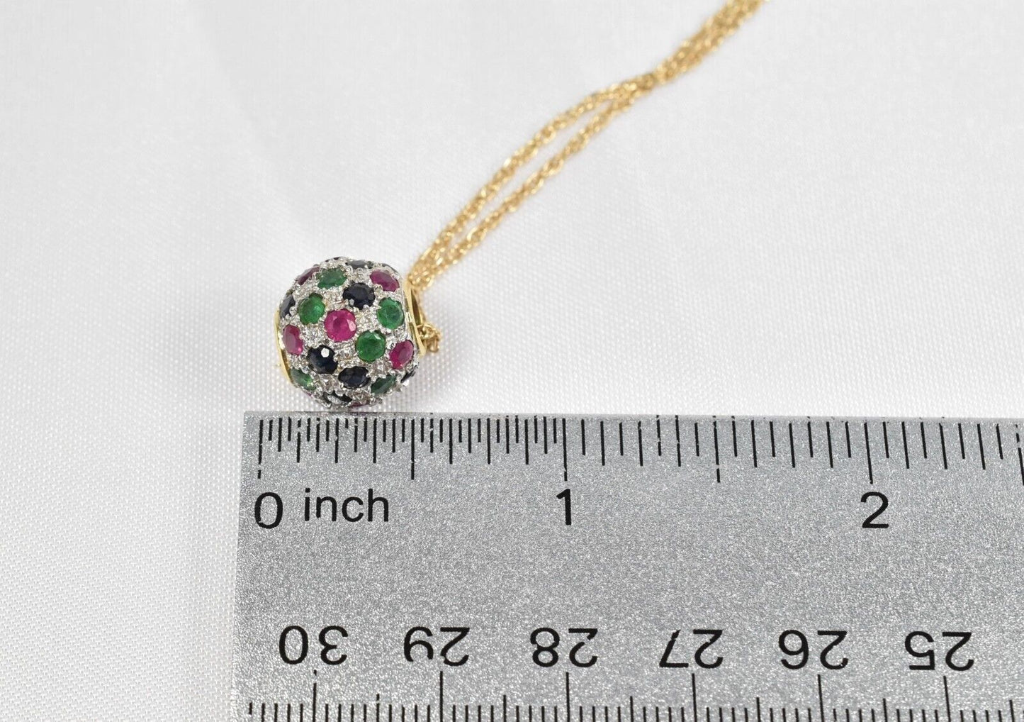 14k Yellow Gold Necklace w/ Multi-Gemstone Ball Charm, 18 inches - 4.2g
