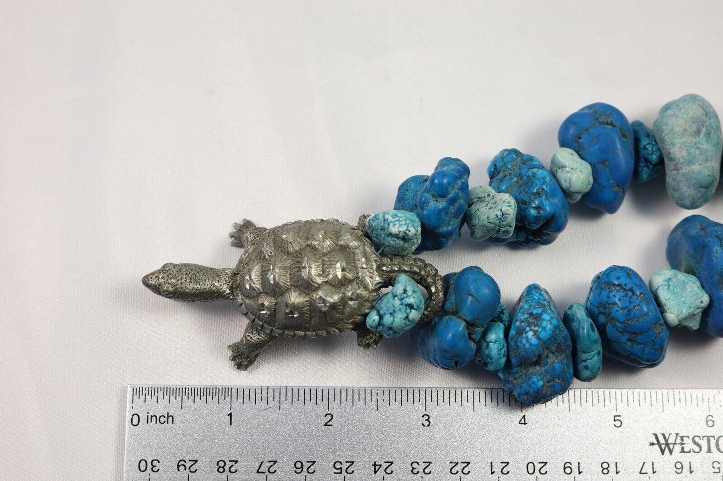 Vintage Turquoise Beaded Necklace with Cuter Pewter Turtle Pendant, 19.5 inches - 320.5g