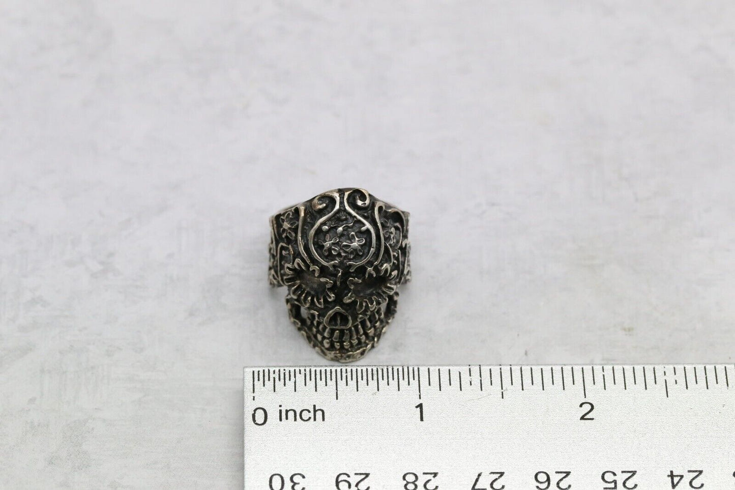 Sterling Silver Santa Muerte Skull Ring, Size 9 - 13.0g