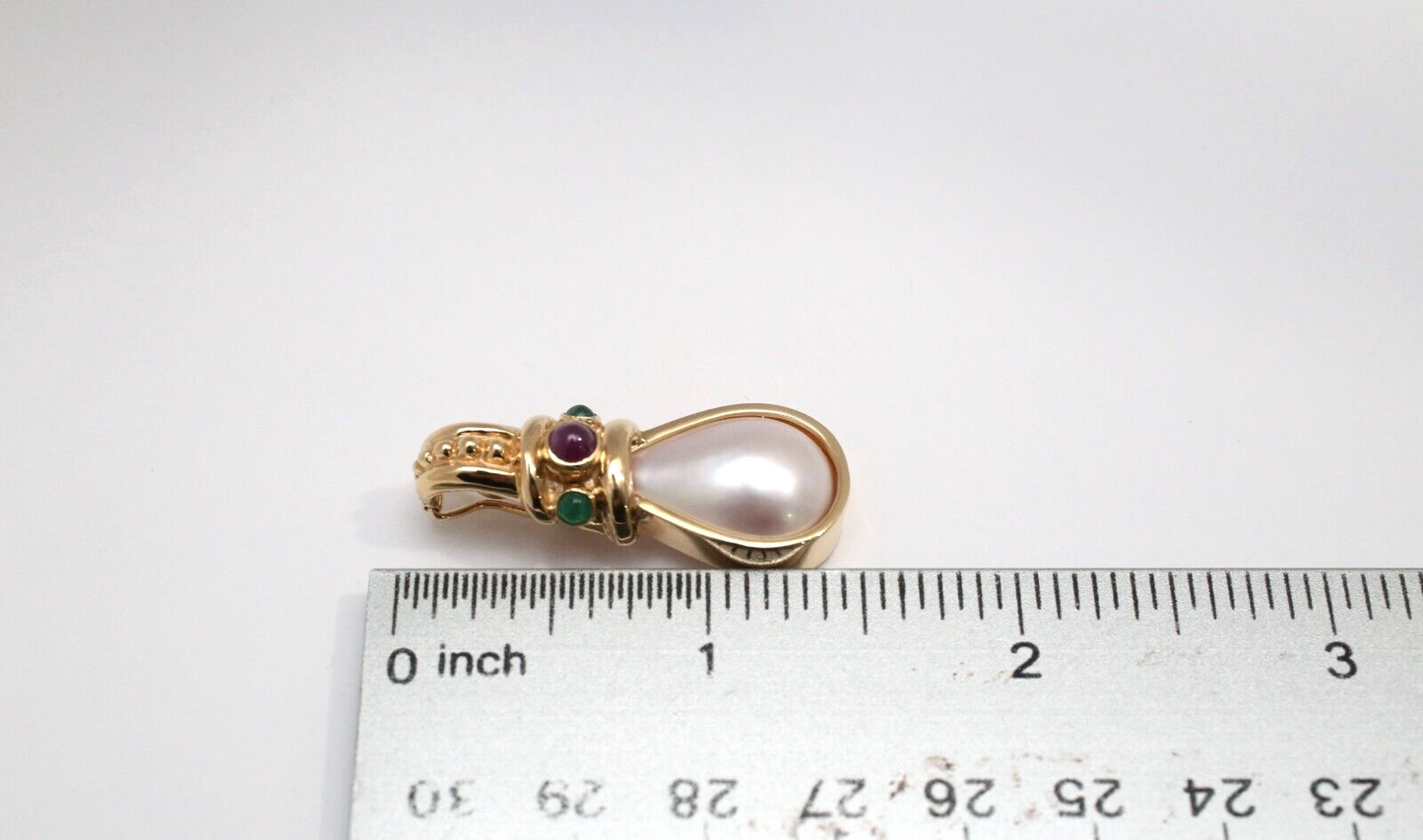 Vintage 14k Yellow Gold Pearl, Ruby & Emerald Pendant, 6.5g