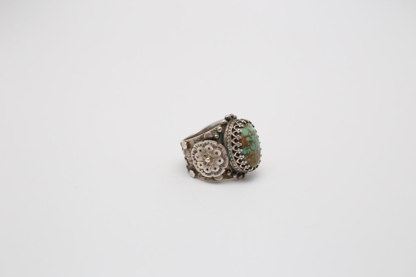 Sterling Silver Ornate Green Turquoise Ring, Size 5 - 14.4g