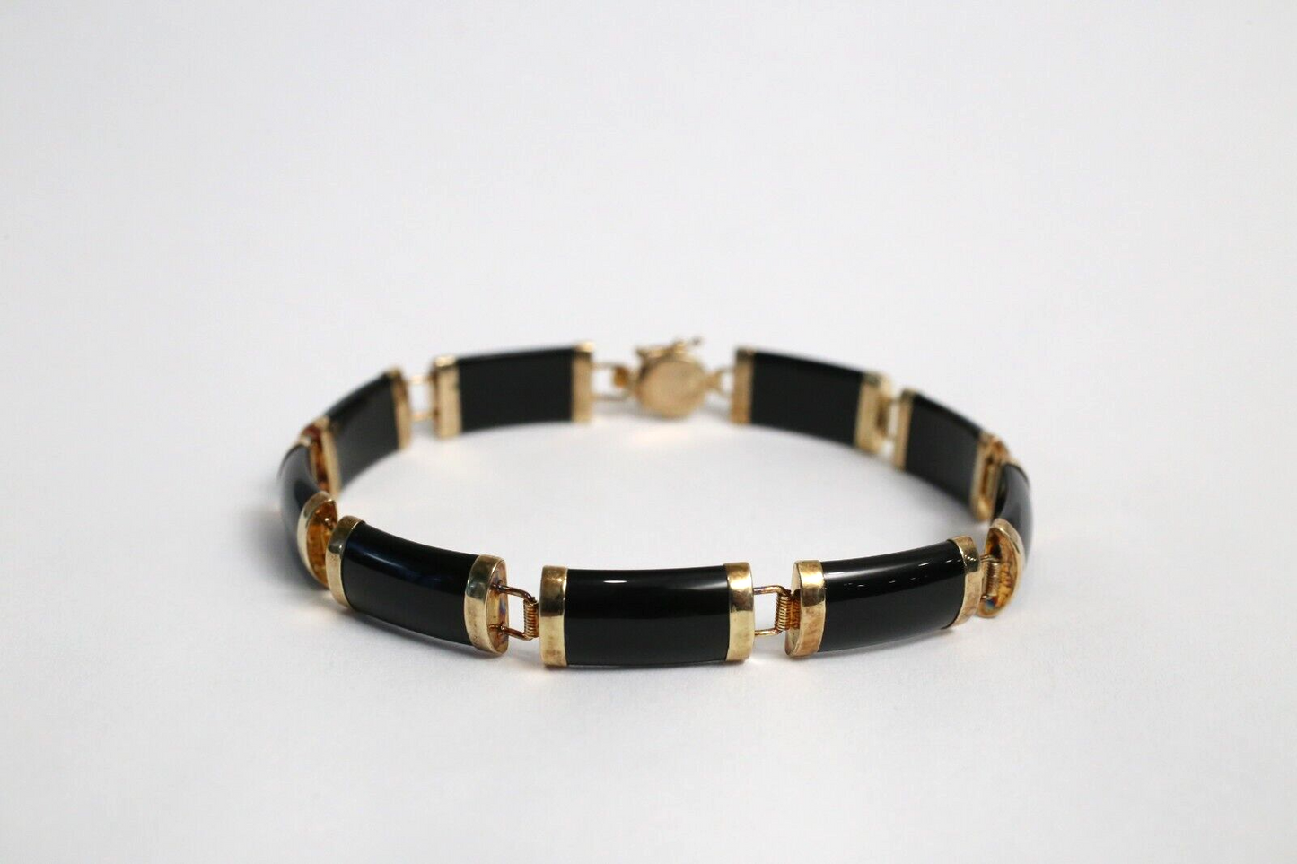 10k Yellow Gold Onyx Link Chinese "Good Fortune" Bracelet, 7.5 inches - 9.6g