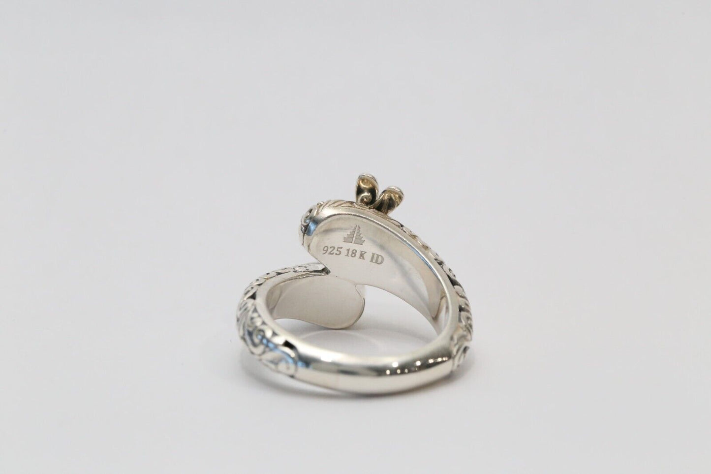 ID Sterling Silver Citrine Dragonfly Bypass Ring with 18k Gold Accents, Size 10 - 8.1g