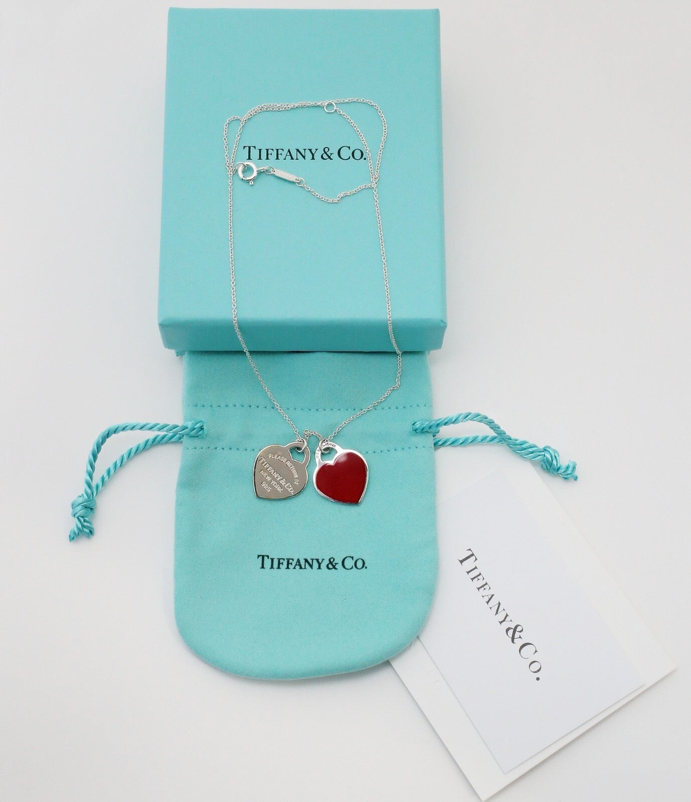 Tiffany & Co Sterling Silver Double Heart Red Enamel Necklace, 18 inches - 5.3g