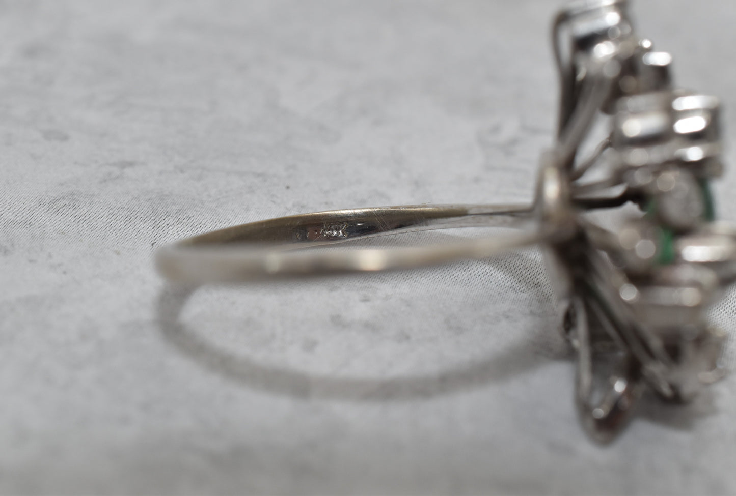 Vintage 14k White Gold Emerald & Diamond Cocktail Ring, Size 9 - 7.4g
