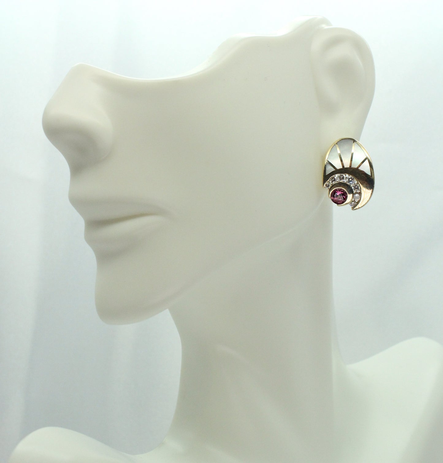 14k Yellow Gold Kabana Mother of Pearl, Diamond & Ruby Earrings - 5g