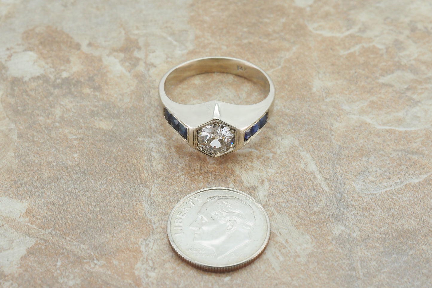 14k White Gold 1.02ct Diamond & Sapphire Art Deco Unisex Ring, Size 10 - 7.1g