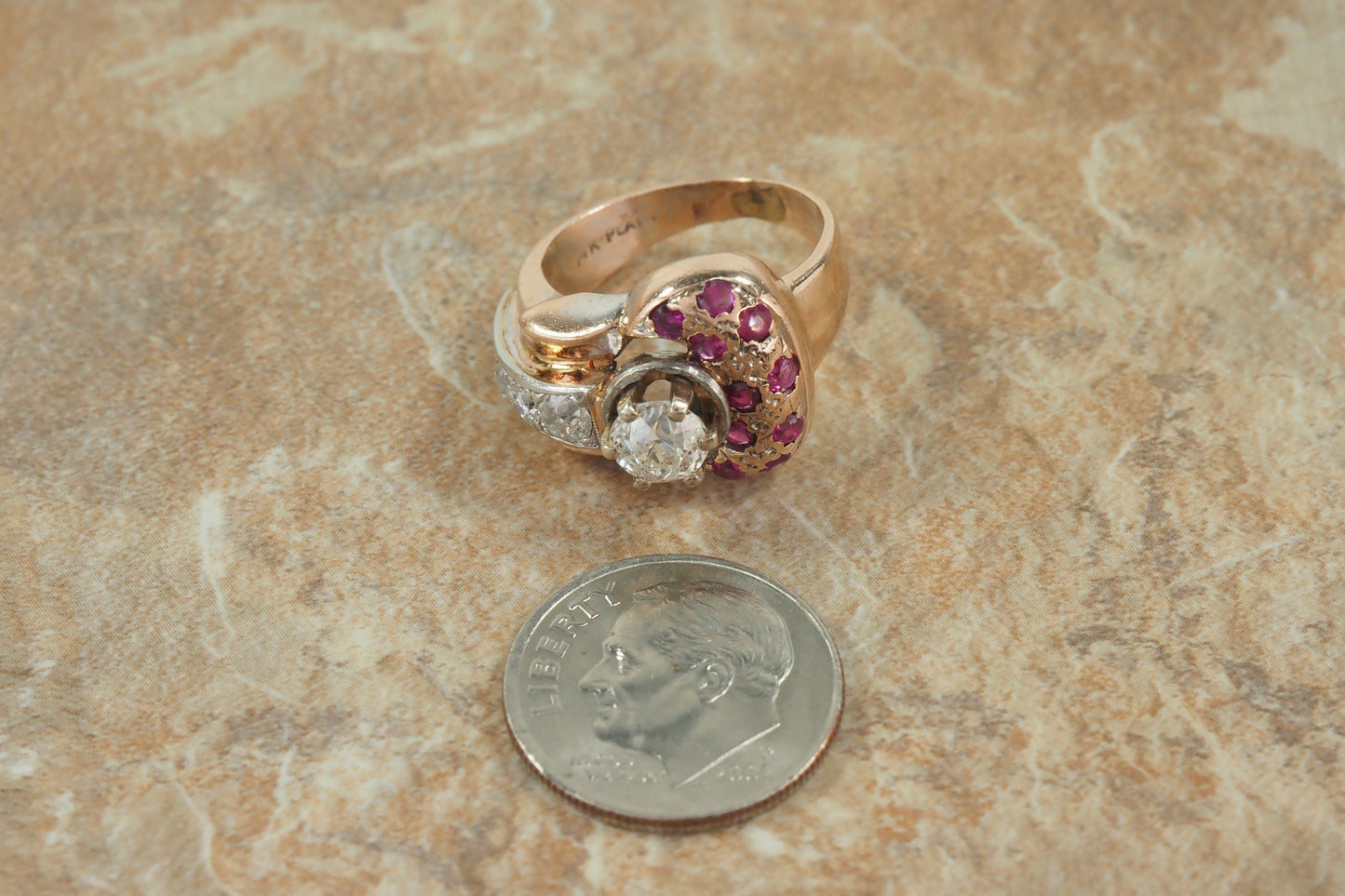 Vintage 14k Rose Gold & Platinum Ladies Diamond & Ruby Ring, Size 4.75 - 7.4g