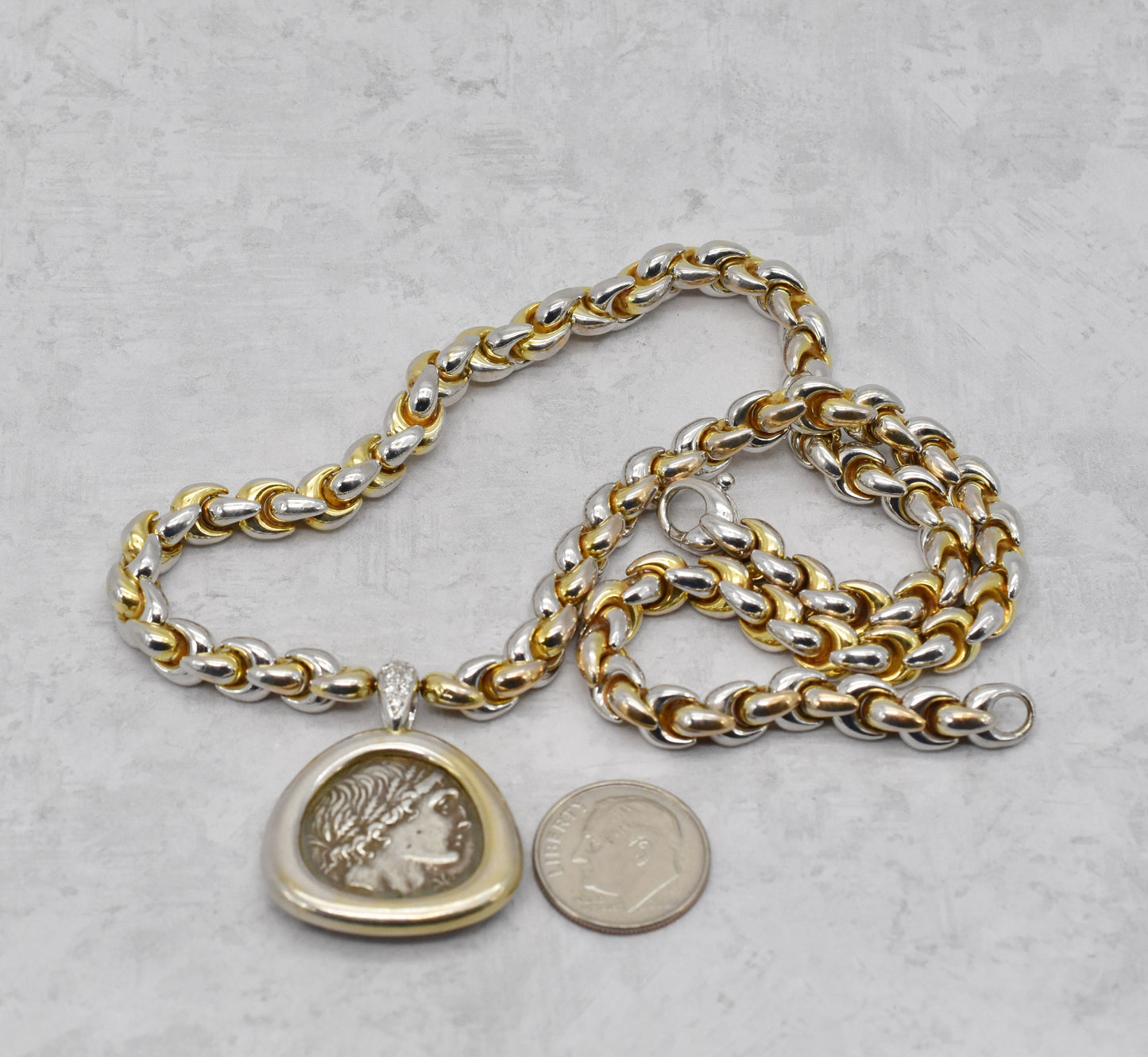 18k Yellow Gold & Platinum Diamond Roman Coin Necklace, 16.5 inches - 53.0g