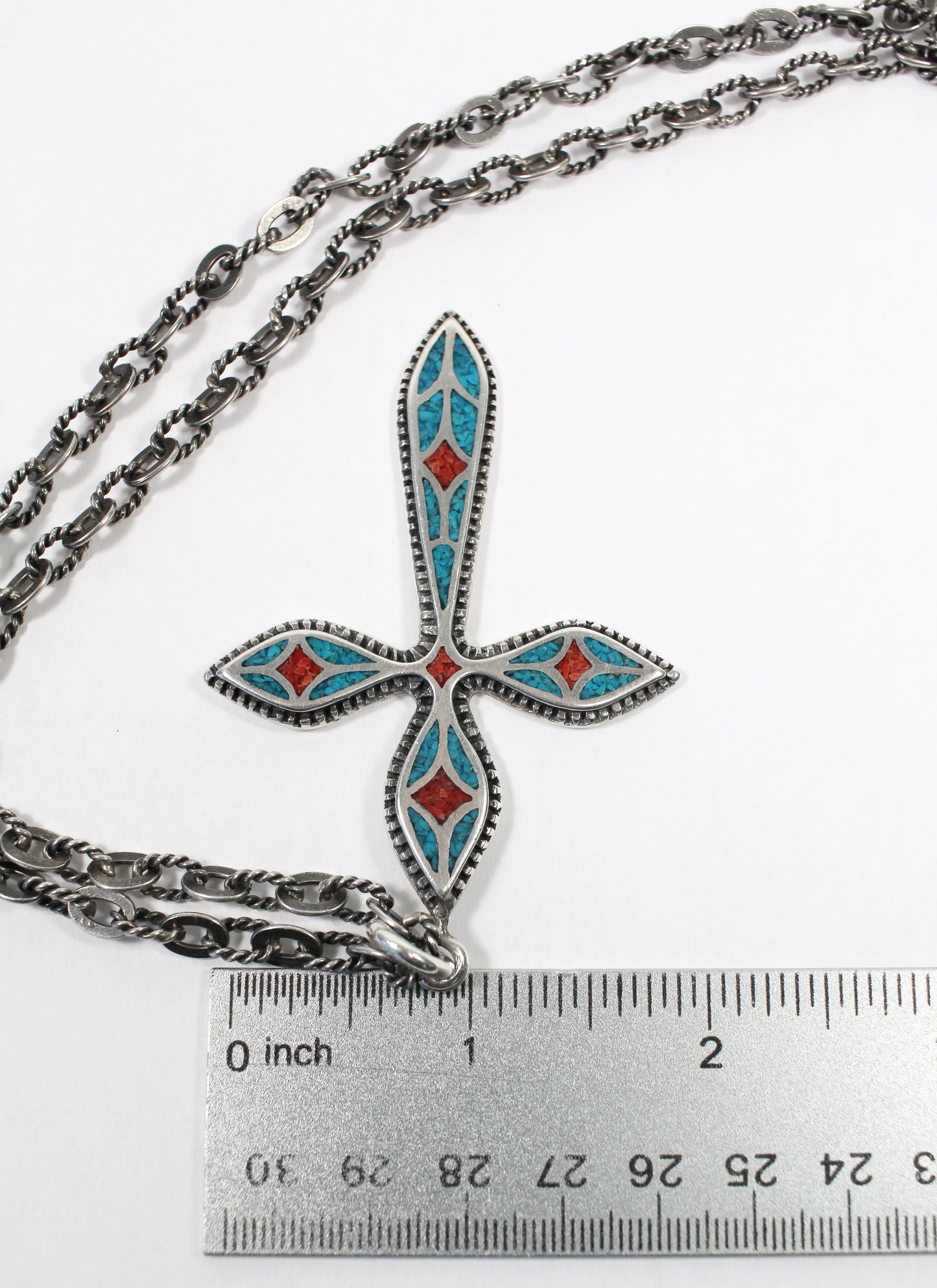 Vintage Sterling Silver Cross w/ Inlaid Turquoise & Red Coral, 32 inches - 54.7g
