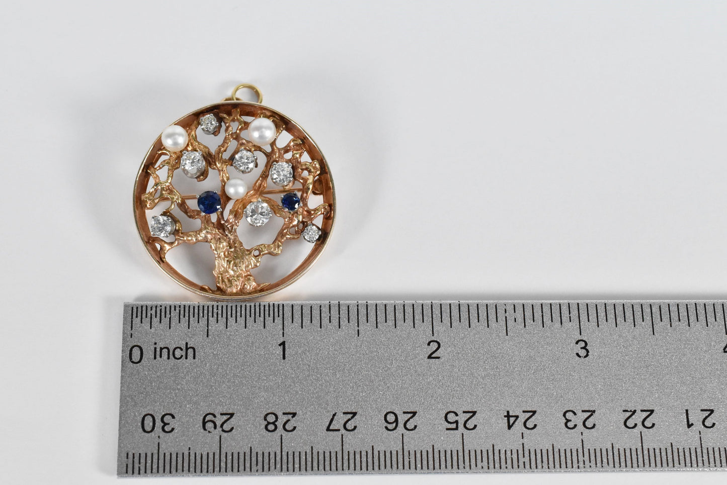 Vintage 14k Yellow Gold Tree of Life Brooch/Pendant with Diamond, Sapphire & Pearl, 12.6g