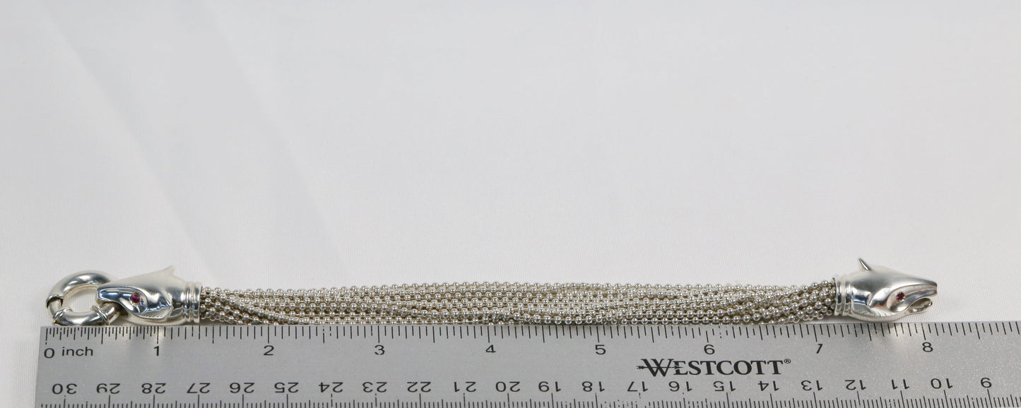 Sterling Silver Dueling Cats with Rubies Beaded Bracelet, 8 inches - 45.6g