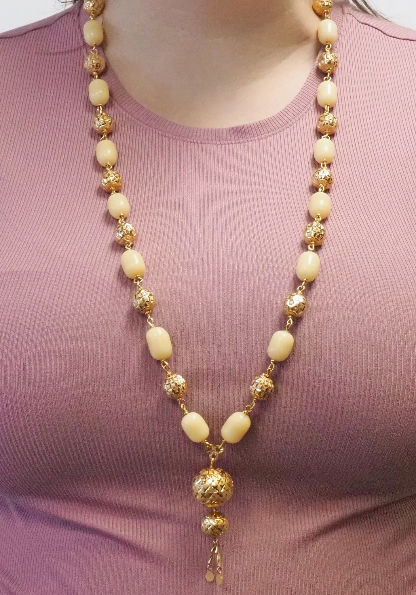 21k Yellow Gold Jasper Bead Necklace, 36 inches - 104.0g