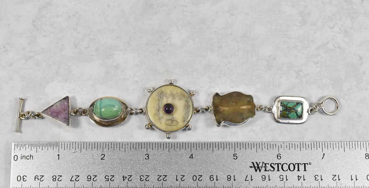 Vintage The Dreamer Sterling Silver Multi-Gem Artisan Bracelet, 7.5 inches - 39.7g