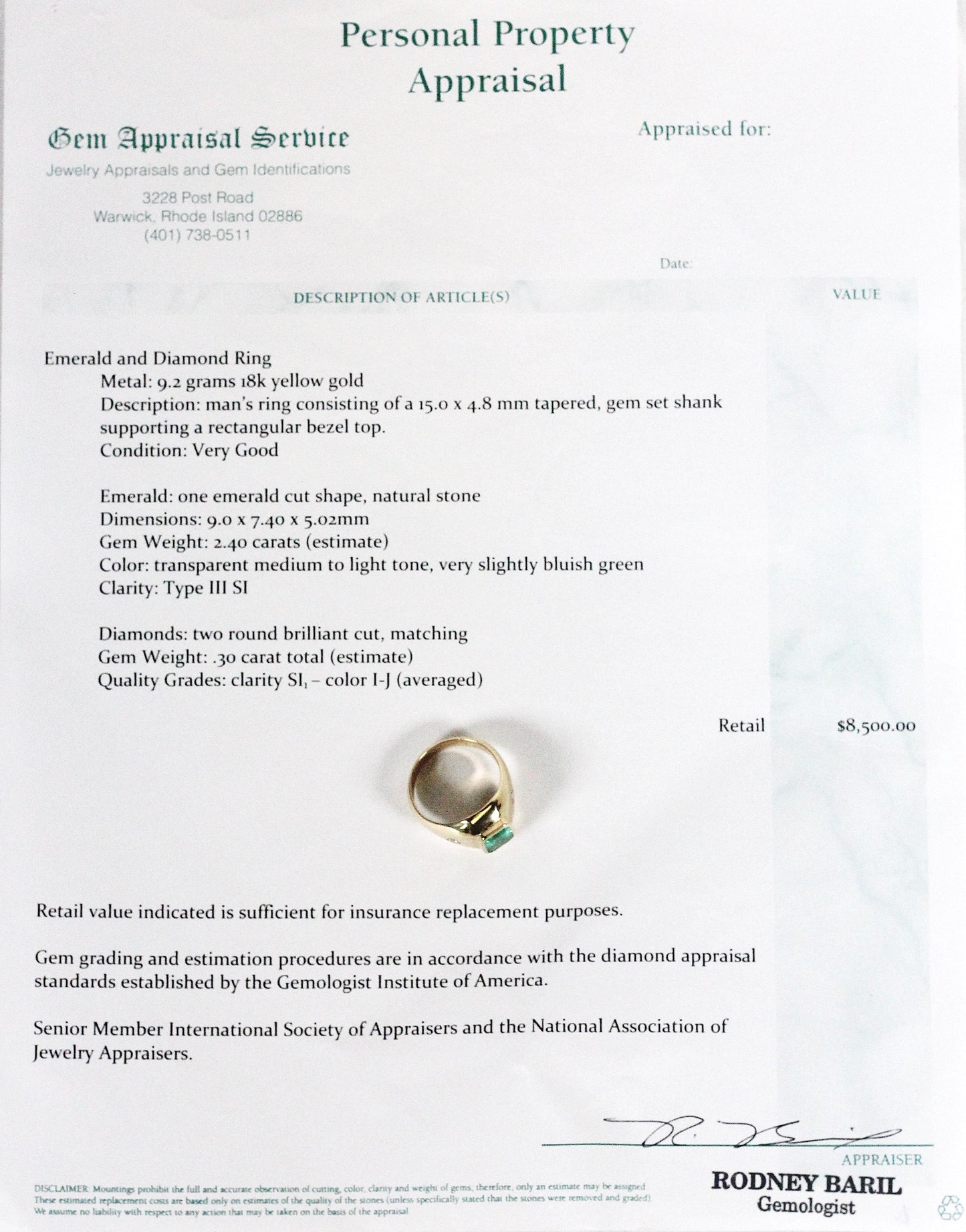 Men's 18k Yellow Gold Emerald & Diamond Ring, Size 10 - 9.7g