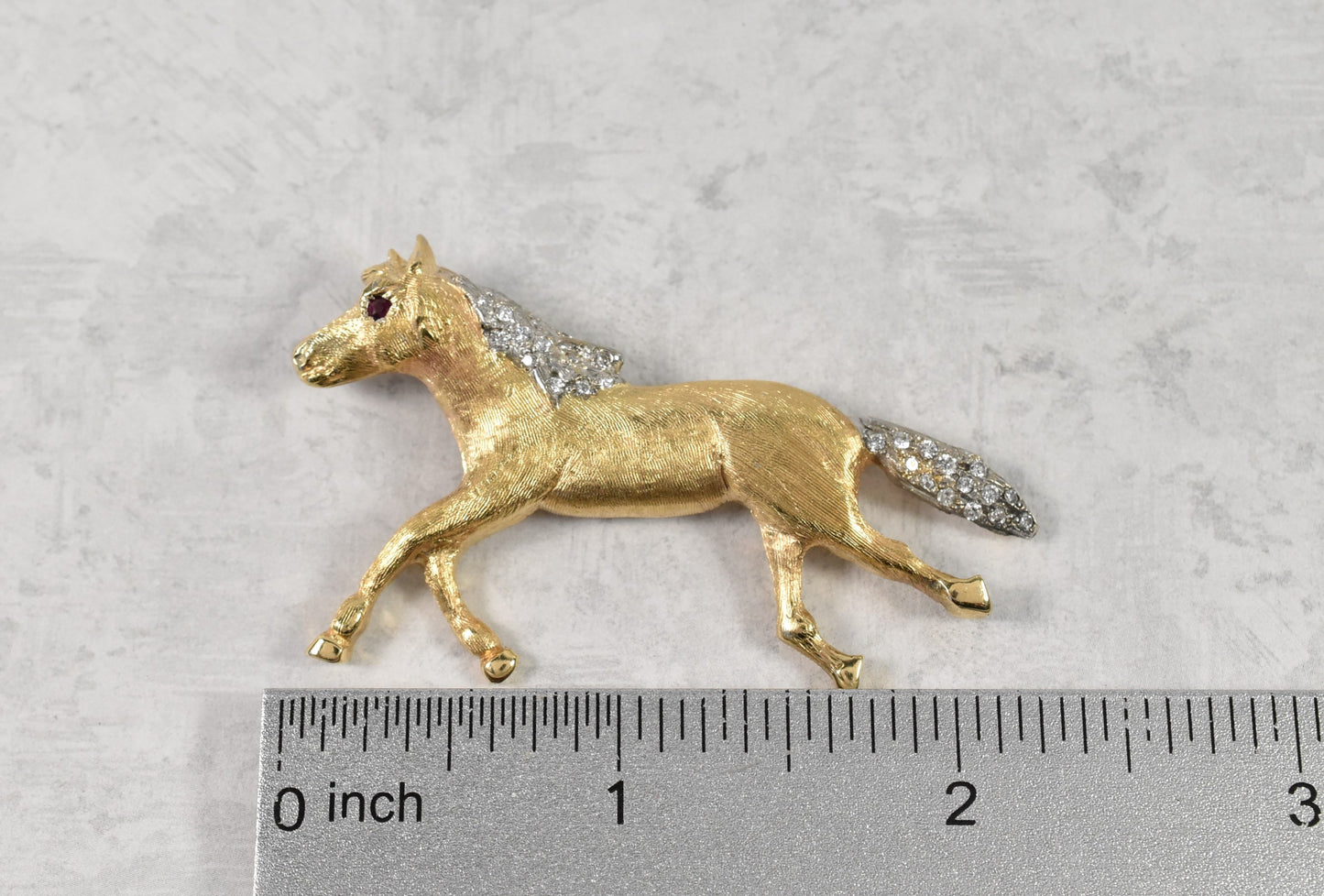 18k Yellow Gold Diamond & Ruby Horse Pin, 17.3g