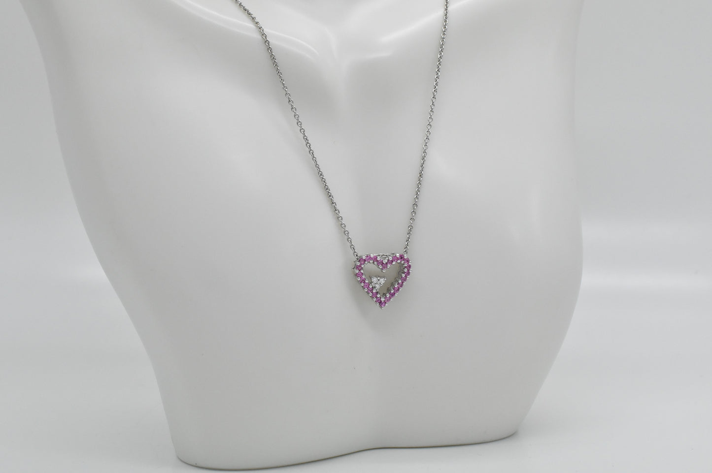 18k White Gold Pink Spinel & Diamond Heart Pendant Adjustable Necklace, 14" up to 17" - 5.7g