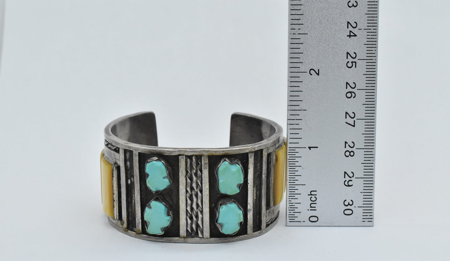 Sterling Silver Turquoise & Yellow Mother of Pearl Wide Cuff Bracelet, 6 inches - 93.0g