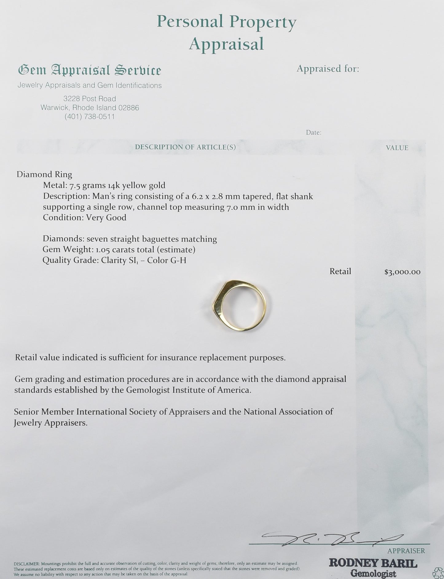 14k Yellow Gold Men's Baguette Diamond Ring, Size 10.5 - 7.5g