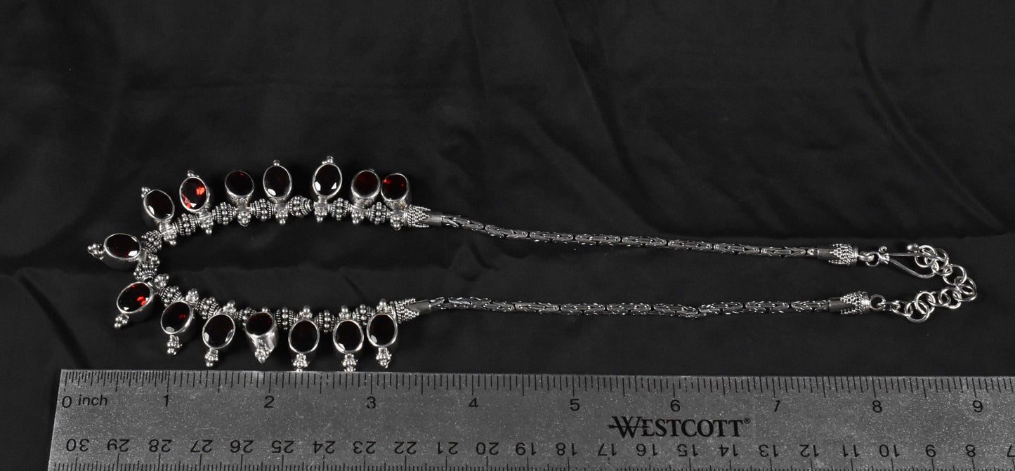 Sterling Silver Byzantine 22.5cttw Garnet Necklace, 16.5" - 19" - 31.1g