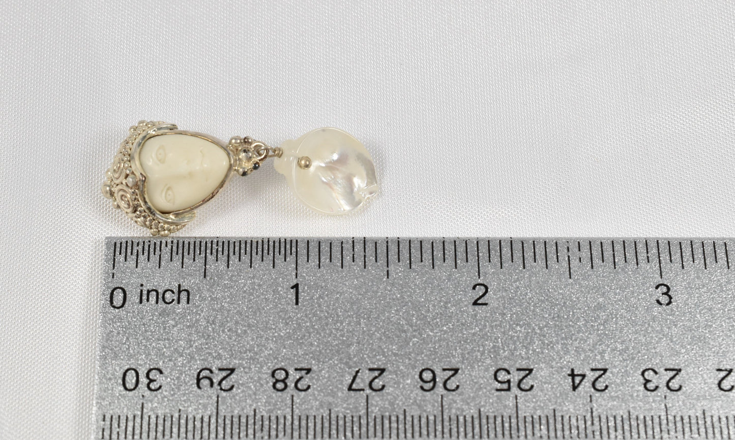 Sajen Sterling Silver Carved Moon Face Dangle Mother of Pearl Clip On Earrings, 11.9g