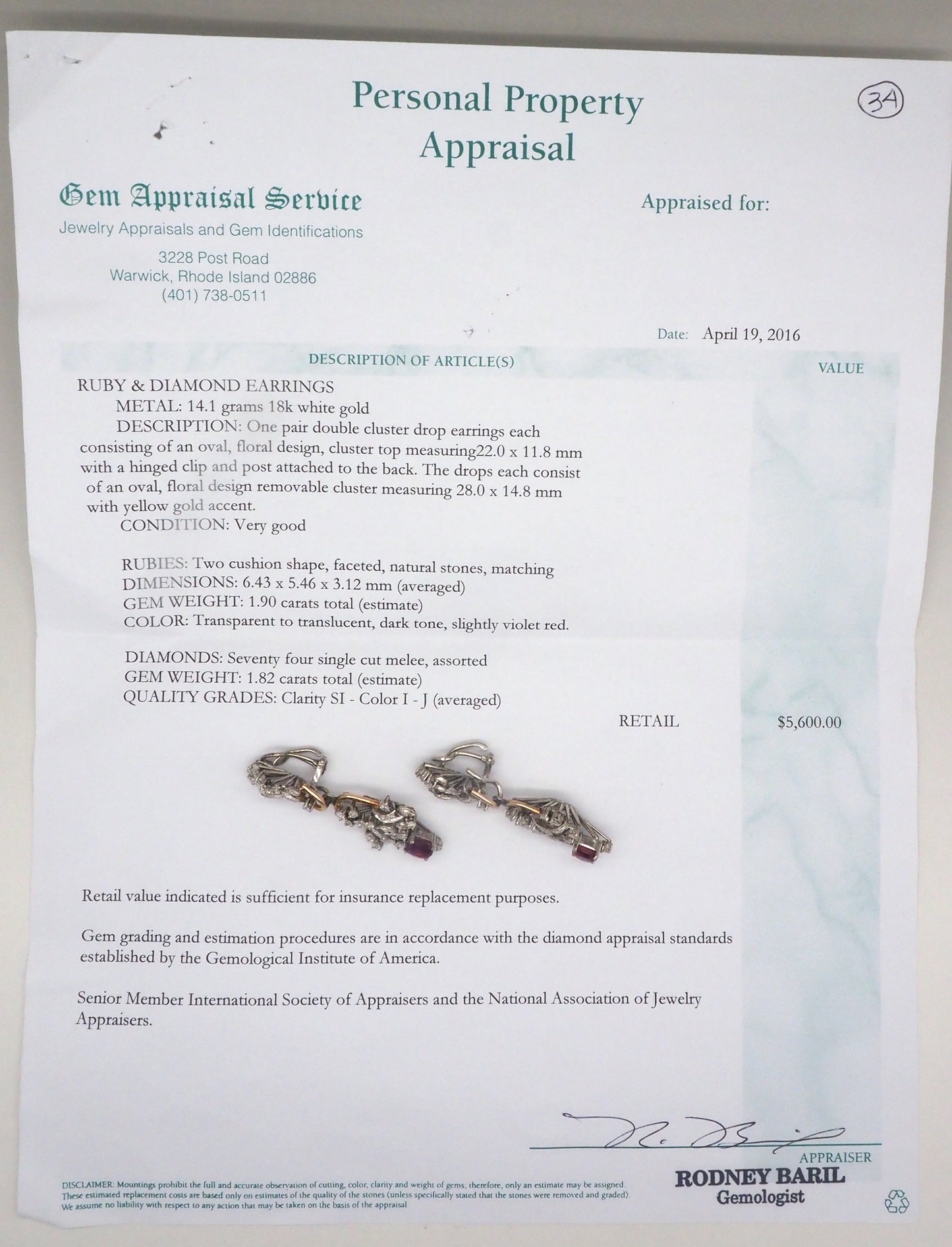 Vintage 18k White & Yellow Gold Diamond and Ruby Dangle Earrings - 14.1g